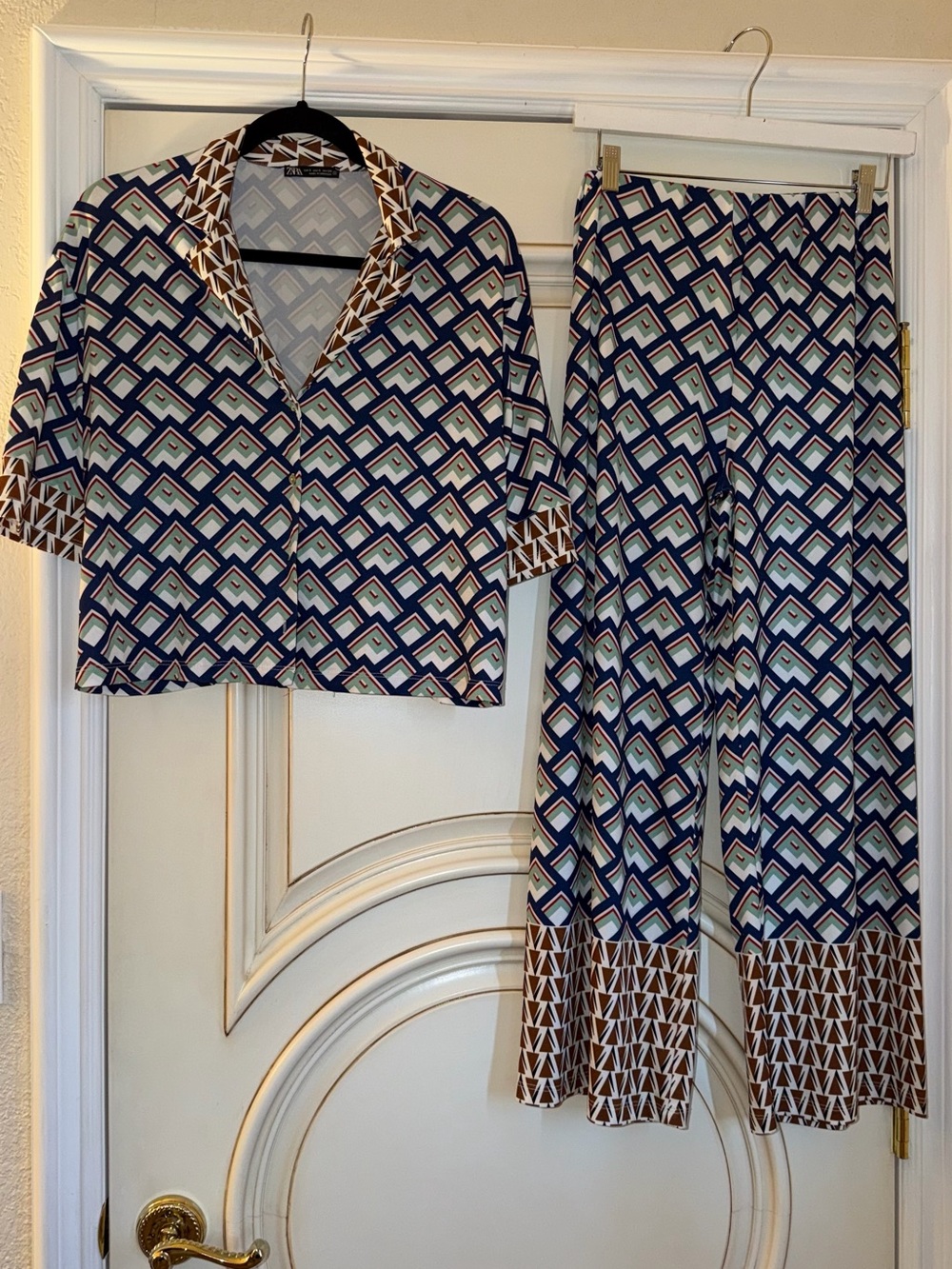 Zara Geometric Print Wide-Leg Pants & Matching Top - Navy, Brown, Cream